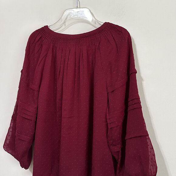 Loft Blouse Clip Dot Balloon 3/4 Sleeve S Maroon Trendy Popover Casual NEW - Picture 7 of 11